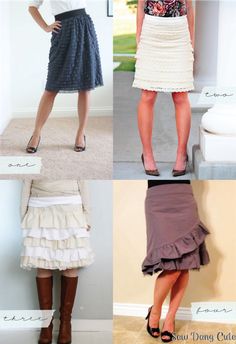 four different types of women's skirts in various styles and colors, all with ruffles