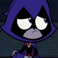 a cartoon character with an angry look on his face and purple hair, sitting down