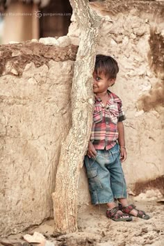 a young boy standing next to a tree in front of a stone wall and looking at the camera