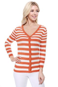 22.5" - 23.5" Length, 3/4 Sleeve, Casual, V-neck, Stripe Patterned Sweaters Cardigan.  Comfortable, Soft Knit, and Stretchy Material, Perfect for Layering, Ribbed Detailing on the Cuffs and Hem. Select from Trendy and Vivid Colors with Three Different Sizes: Small, Medium, and Large. Striped Sweater is perfect for a Daily Look, Especially for Office Work Comfort Every Year! Matches Well with Any Outfits, Skirts, Leggings, Jeans, and Pants.  Washing Instruction: Hand Wash Cold / With Like Colors Spring V-neck Long Sleeve Sweater With Button Closure, Casual Cardigan With 3/4 Sleeves And Buttons, Casual Cardigan With Button Closure And 3/4 Sleeves, Casual White Cardigan With 3/4 Sleeve, White 3/4 Sleeve Cardigan For Fall, White 3/4 Sleeve Fall Cardigan, Casual White 3/4 Sleeve Cardigan, Spring Cardigan With 3/4 Sleeves And Buttons, Spring Cardigan With Buttons And 3/4 Sleeves