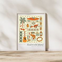 a poster on the wall with an image of various items and symbols in orange colors