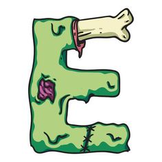 the letter e is made up of green and purple letters with bones sticking out of it