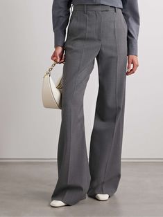 VALENTINO GARAVANI Wool-blend wide-leg pants Elegant Gray Wide-leg Dress Pants, Elegant Gray Wide Leg Workwear Pants, Elegant Gray Wide Leg Pants For Work, Elegant Gray Wide Leg Pants For Business Casual, Elegant Gray High-waisted Dress Pants, Timeless Tailored Wide Leg Pants, Timeless Wide Leg Tailored Pants, Elegant Gray Wool Pants, Elegant Gray Wool Bottoms