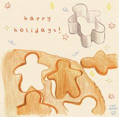 a drawing of gingerbread cookies with the words happy holidays