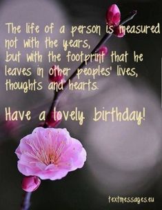 a birthday card with a pink flower on the left side and an image of a tree branch in the middle