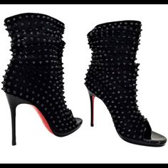 Lady Fashion Toe Ankle Boots Made In Italy Gently Used Christian Louboutin Guerilla Black Suede Spiked Platform Ankle Boots 120 High Heel Us Size 6.5 (But Feel Like A 6) It Size 36.5 Color: Black Fabric: Suede And Spike Self-Covered Heel 4 3/4” (120mm) Self-Covered Platform 1/2”(15mm) Open Toe Pull On Style Leather Lining Padded Insoles “Guerilla” Is Made In Italy Rubber Protective Soles Added To Increase Life Of These Beautiful Boots. Saving About $75.00 On Cobbler Services In Excellent Conditi Spiked Boots For Evening Wear, Fitted Boots With Spikes For Evening, Fitted Spike Boots For Evening, Fitted Evening Boots With Spikes, Formal Black Boots With Spikes, Luxury Black Spiked Boots, Designer Black Boots With Spikes, Black Spiked Boots For Evening, Black Spiked Evening Boots