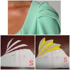 the back of a woman's green top with yellow and white strips on it