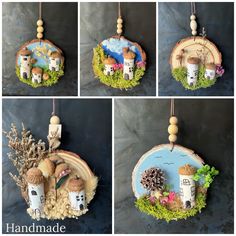 four different pictures of small houses in the woods with trees and rocks hanging from strings