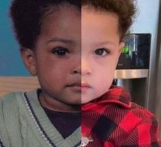 two different pictures of a young boy with brown hair and blue eyes, one is looking at the camera