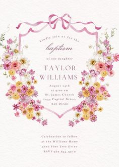 a wedding card with flowers and ribbons on the front, in pastel pink tones