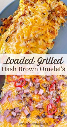 loaded grilled hashbrown omelet's on a blue plate