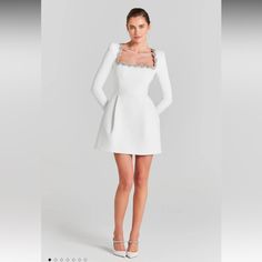 Nwt Sold Out Online Box Included Luxury White Dress For Banquets, Square Neck Embellished Dresses For Formal Events, Luxury White Dress For Banquet, Square Neck Embellished Cocktail Dress, Luxury White A-line Dress, White Square Neck Cocktail Dress, Luxury A-line Dresses For Dinner, Luxury Mini Length Dinner Dresses, White Embellished Dress For Dinner