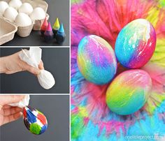 the process for painting easter eggs is shown in three different stages, including dye and paper