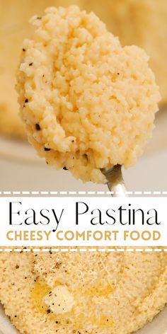 a close up of food on a spoon with the words easy paestina cheesy comfort food