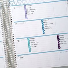 a planner is open on top of a spiral - bound notebook with notes and numbers