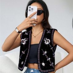 Super Cute And Stylish Ships In 5-10 Business Days Spring Black Beaded Outerwear, Black Beaded Outerwear For Spring, Rose Black Pink, Rose Jacket, Rose Black, Beaded Embroidery, Vest Jacket, Black Pink, Super Cute