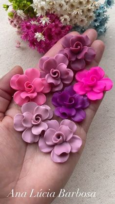 small pink and purple flowers are held in someone's hand