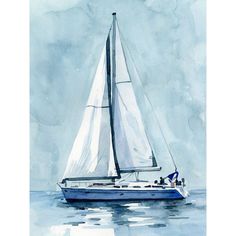 Lone Sailboat I Poster Print - Emma Caroline-VARPDX178364FN Image 1 Sailboat Poster, Sailboat Painting Watercolor, Sailboat Watercolor, Watercolor Sailboat, Boat Watercolor, Yearbook Cover, Boat Drawing, Yearbook Covers, Sailboat Painting