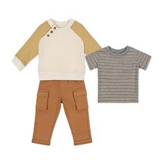 This set from Little Lad will fill your wardrobe needs on warmer and cooler days. Choose whether to wear the long sleeve color block textured top with button details or the striped crewneck short sleeve tee. They both will look great with the twill cargo pants. Newborn sizes come with a bodysuit instead of the shirt.# Pieces In Set: 31st Piece Description: Sweatshirt1st Piece Fabric: Fleece1st Piece Fiber Content: 60% Cotton, 40% Polyester1st Piece Care: Tumble Dry, Machine Wash2nd Piece Descri… Boys Caramel Brown Pants, Toddlers Boy Plaid Pants, Baby Sweater And Pants Set, Gymboree Christmas Boys Clothes Size 7, Baby Pants, Short Sleeve Bodysuit, Cotton Fleece, Pullover Sweatshirt, Cargo Pants