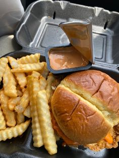 a sandwich and french fries in a plastic container with dipping sauce on the side, ready to be eaten