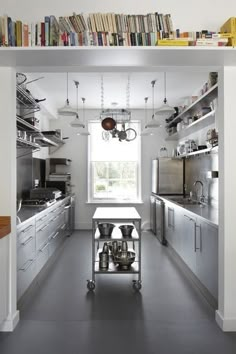 a kitchen with stainless steel appliances and lots of books