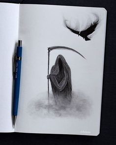 an open book with a drawing of a person holding a staff and a bird on it