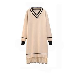 Patchwork Lace Long Sleeve V Neck Mini Straight Knitting Sweater Dress Beige V-neck Sweater Dress With Stretch, Beige V-neck Stretch Sweater Dress, Beige Stretch V-neck Sweater Dress, Beige V-neck Dress For Winter, Beige V-neck Winter Dresses, V-neck Spring Dress For Layering, V-neck Dress For Spring Layering, Fall V-neck Dress With Lace Trim, Big Size Outfit