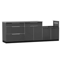 a large gray cabinet with drawers and doors