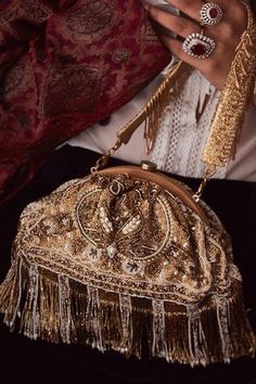 Shop for Lovetobag Pashmina Embellished Clutch Online at Aza Fashions Embellished Clutch, Gold Fringe, Shoulder Sling, Gold Clutch, Beaded Evening Bags, Gold Satin, Handcrafted Accessories, Paisley Design, Beaded Tassels