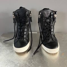 Giuseppe Zanotti Women's Wedges High Top Sneakers Zipper Side Lace Up Color : Black Size : 38.5 Material: Leather Condition: Used Nike Wedge Sneakers, Wedge High Tops, Nike Wedges, Zanotti Shoes, Giuseppe Zanotti Shoes, Wedge Sneakers, Womens Wedges, High Top Shoes, Sneaker Wedge