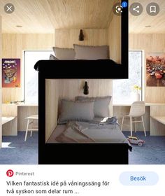 two bunk beds in a room with wooden walls