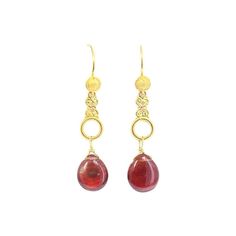 Gorgeous hand crafted solid 18K Gold earrings by NewWorldGems! These one of a kind beauties are just over 1.75" in length. Andesine was first described in 1841 for an occurrence in the Marmato mine,in Columbia and has only recently been used for beads. The stunning cherry red coloring is 100% natural! This stone is a member of the Labradorite/Feldspar family of gemstones. Lightning Ridge Opal, 18k Gold Earrings, Pearl Cream, Pink Necklace, Blue Gems, Silver Accents, Turquoise Earrings, Cherry Red, Long Earrings