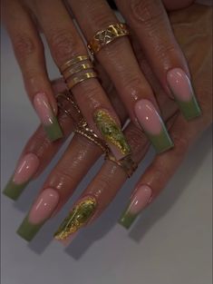 Olive Nails, Gold Acrylic Nails, Green Acrylic Nails, French Acrylic Nails