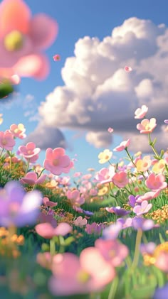 a field full of flowers under a cloudy blue sky