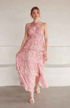 Floral print tiered halter neck maxi dress Small cutout at bust, rosette detail at neckline Concealed side zipper, fully lined Elasticized back Self: 100% Polyester / Lining: 100% Polyester Dry clean only Style #ACDR102251 Halter Neck Maxi Dress, Mini Dress Shop, S Models, Halter Neck, Pink Dress, Side Zipper, Pink Floral, Sundress, Dresses For Sale