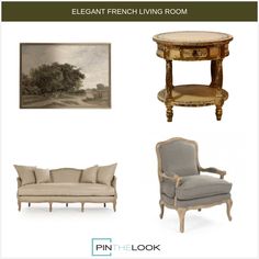 an elegant french living room design board with furniture and decor in neutral colors, including grey couches