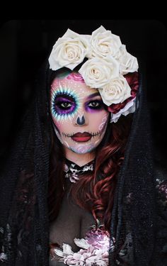 Skull Candy Costume, Purple Dia De Los Muertos Makeup Ideas, Colorful Sugar Skull Makeup, Dia De Los Muertos Makeup For Women, Sugar Skull Makeup Pretty, Cute Halloween Makeup Ideas, Catrina Makeup, Day Of The Dead Makeup, Halloween Makeup Sugar Skull