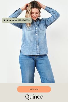 This denim shirt is as comfy as it is stylish as it is classic. Soft denim with roll-up sleeves and a relaxed fit. What more could you want?  | Quince | Women's Distressed Denim Shirt in Blue, Size Small, Cotton Everyday Light Wash Chambray Denim Top, Relaxed Fit Medium Wash Tencel Denim Top, Relaxed Fit Medium Wash Chambray Denim Top, Classic Washed Denim Top, Classic Medium Wash Chambray Denim Top, Classic Washed Denim Top For Everyday, Medium Wash Button-up Denim Top, Everyday Medium Wash Button-up Denim Top, Washed Chambray Denim Button-up Top