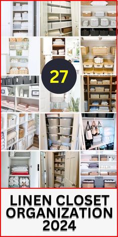 the linen closet organization guide is organized with lots of drawers and bins for storage