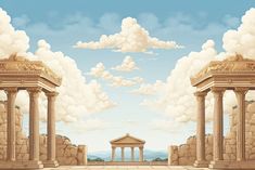 an artistic painting of two stone pillars with clouds in the background