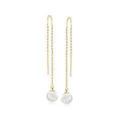 Ross-Simons - 7-8mm Cultured Akoya Pearl Threader Earrings in 14kt Yellow Gold. These chic threader earrings beautifully bridge the gap between classic and contemporary with enduring elements of both styles. Featuring 7-8mm cultured Akoya pearls that dangle from dainty 14kt yellow gold cable chains. When threaded evenly through the lobe, the hanging length is 2 1/8", but can be adjusted to your preference. White pearl threader earrings. Pearl birthstones are the perfect gift for June birthdays. Classic 14k Gold Threader Earrings For Formal Occasions, Classic Yellow Gold Dangle Threader Earrings, Elegant Gold Round Threader Earrings, Elegant Yellow Gold Round Threader Earrings, Elegant Yellow Gold Threader Earrings, Classic Yellow Gold Round Linear Earrings, Classic 14k Gold Threader Earrings, Classic Dangle Threader Earrings, Classic Threader Earrings For Wedding