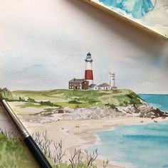 a watercolor painting of a lighthouse on an island