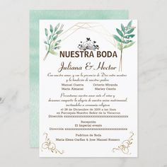 an elegant wedding card with green leaves and gold foil on the front, in spanish