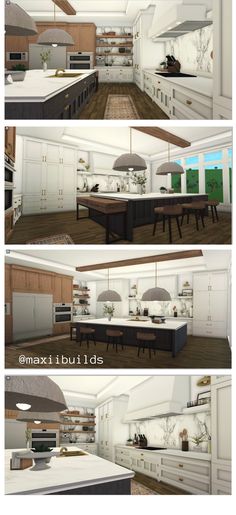 three different views of a kitchen and dining room