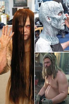 four pictures of men with long hair and beards, one is wearing a mask