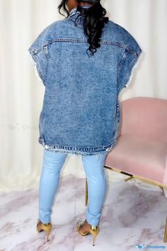 OrcaJump - Light Blue Straight Denim Jacket with Removable Belt and Sleeveless Design Tassel Jacket, Straight Clothes, Sleeveless Outfit, Turndown Collar, Denim Outfit, Cotton Style, Jean Outfits, Denim Fashion, Vest Jacket