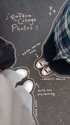 two people standing in front of a chalk drawing on the ground that says random college photos