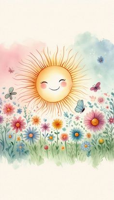 the sun and butterflies are flying in the sky above some daisies, grass and flowers