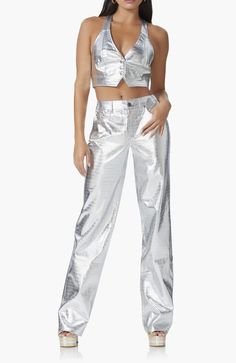 Croc-embossed metallic faux leather adds glossy glamour to these pants cut in a wide-leg silhouette with floor-grazing hems. Leather Halter Top, Cropped Halter Top, Leather Halter, Halter Crop Top, Faux Leather Pants, Halter Top, Emboss, Leather Pants, Faux Leather