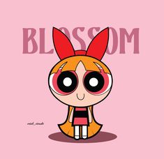 the powerpuff girls cartoon character with big eyes and pink hair, is shown in front of a pink background that says blossom